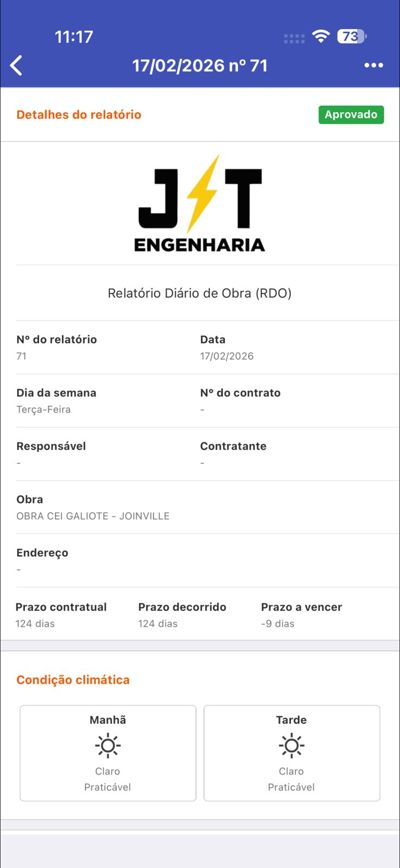 Screenshot do aplicativo de Diario de Obra da JT Engenharia Elétrica mostrando relatorio diario